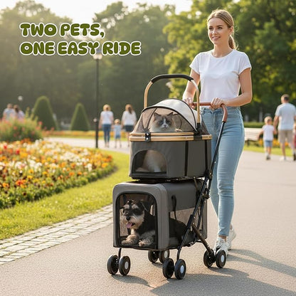 Double Pet Stroller for Dogs and Cats, One-Step Folding Dog Stroller Travel Carriage for Small Medium Dogs Cats, 2 Detachable Carrier Bags, 4 Lockable Wheels (Black)