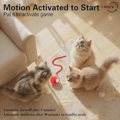 Interactive Cat Toys Ball for Indoor Cats, Automatic Agile Rolling Cat Ball with Elastic Mesh Tail, Bird Chirping & Motion Activated, 2 Tail Accessories, Kitten Toy for Bored (Red)