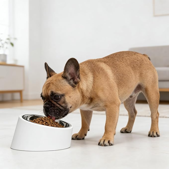 White Tilted Dog Bowl for Large Breed Dogs, No-Spill Non-Skid Stainless Steel Bowl, Detachable 2-in-1 Feeder for Dogs with Cones or Long Ears (Size L)