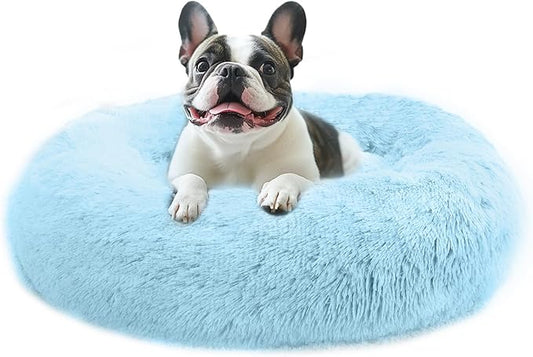 JOLLYVOGUE Calming Dog Beds Large Sized Dog, 36in Donut Washable Large Pet Bed, Anti-Slip & Anti-Anxiety Fluffy Faux Fur Round Dogs Bed, Fits up to 80 lbs Pets (Light Blue)