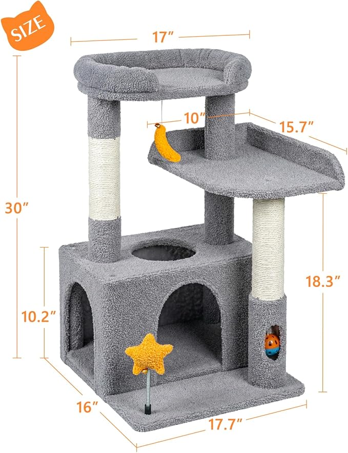 32In Cute Cat Tower for Indoor Cats with Cat Condo, Plush Platform, Hammock, Sisal Scratching Posts, Dangling Ball, Tall Cat Tree Tower with Self-Grooming Brush (Light Grey)