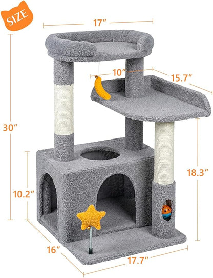 32In Cute Cat Tower for Indoor Cats with Cat Condo, Plush Platform, Hammock, Sisal Scratching Posts, Dangling Ball, Tall Cat Tree Tower with Self-Grooming Brush (Light Grey)