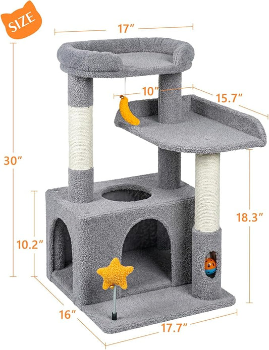 32In Cute Cat Tower for Indoor Cats with Cat Condo, Plush Platform, Hammock, Sisal Scratching Posts, Dangling Ball, Tall Cat Tree Tower with Self-Grooming Brush (Light Grey)