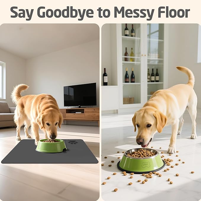 gogofree 16"×20" Gray Pet Feeding Mat, Absorbent Pet Placemat for Food and Water Bowl, Quick Dry Water Dispenser Mat for Dog and Cat, Non-Slip Mat for Messy Drinkers