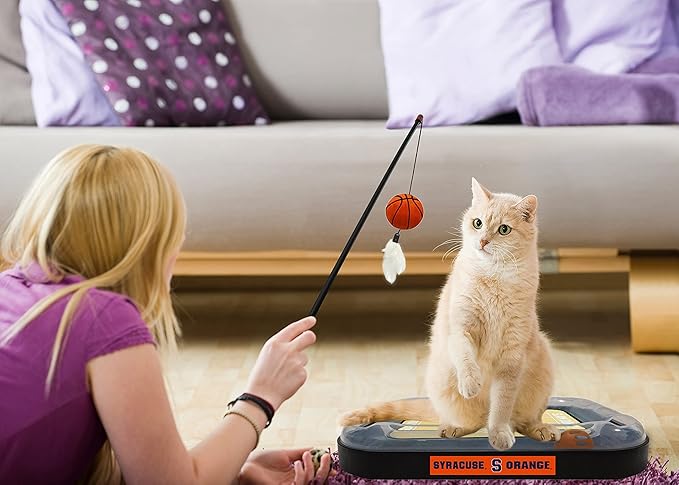 NCAA Syracuse Orange Basketball Court Cat Scratcher - Plush Basketball & Feather Cat Toy, Interactive Ball with Jingle Bell