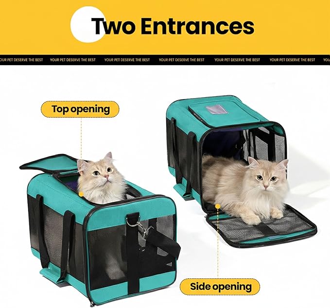 Cat Carrier Airline Approved, Soft-Sided Dog Carrier with Inner Safety Leash, Pet Transport Carrier for Small-Medium Cats Puppies up to 15 Lbs,Travel Kitten Carrier Bag -Turquoise,M