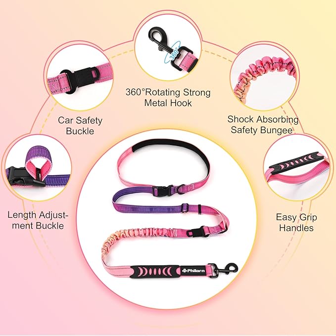 Philorn Hands Free Dog Leash, Crossbody Dog Leash, 6.9-8.9 Ft Multifunctional Waist Walking Belt with Car Safety Buckle for Large and Medium Dogs Jogging,Running,Training (Pinkish-Purple, 25-120 lbs)