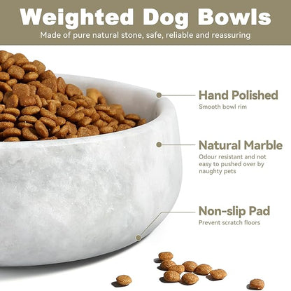 Marble Dog Bowl, 5lbs Non-Slip Cat and Dog Food Bowl Dish, Non-Tipping Weighted Puppy Pet Dish, Grey Stone Durable Food and Water Bowls, Easy to Clean, Holds 4 Cups