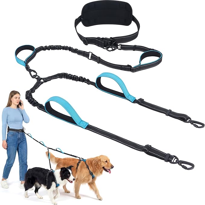 Hands Free Leash for 2 Large Dogs, No Tangle Waist Walking Bungee Leash, 6-8 FT Dual Dog Leashes(50-150 lbs)