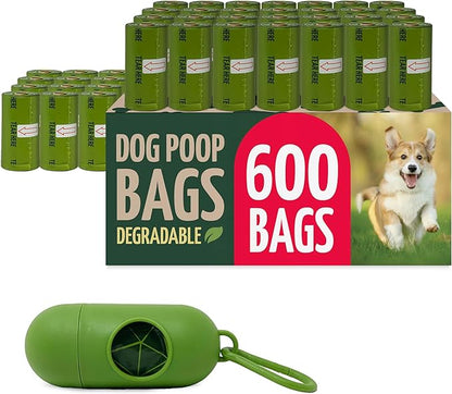 Reli. Biodegradable Dog Poop Bags Rolls (600 Pack, 40 Rolls) | 9"x13" Oxodegradable | Large Dog Poop Bags | Unscented, Leak Proof for Doggie/Pet Waste | Green Eco-Friendly | w/Leash Clip Holder