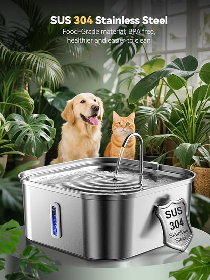 Large Dog Water Fountain 14L/3.7Gal, Stainless Steel Pet Fountain for Large Dogs and Multi-Pets Families, Visible Window & Extra Wide Drinking Area, Enlarges Capacity & Saves Space (with 3pcs Filters)