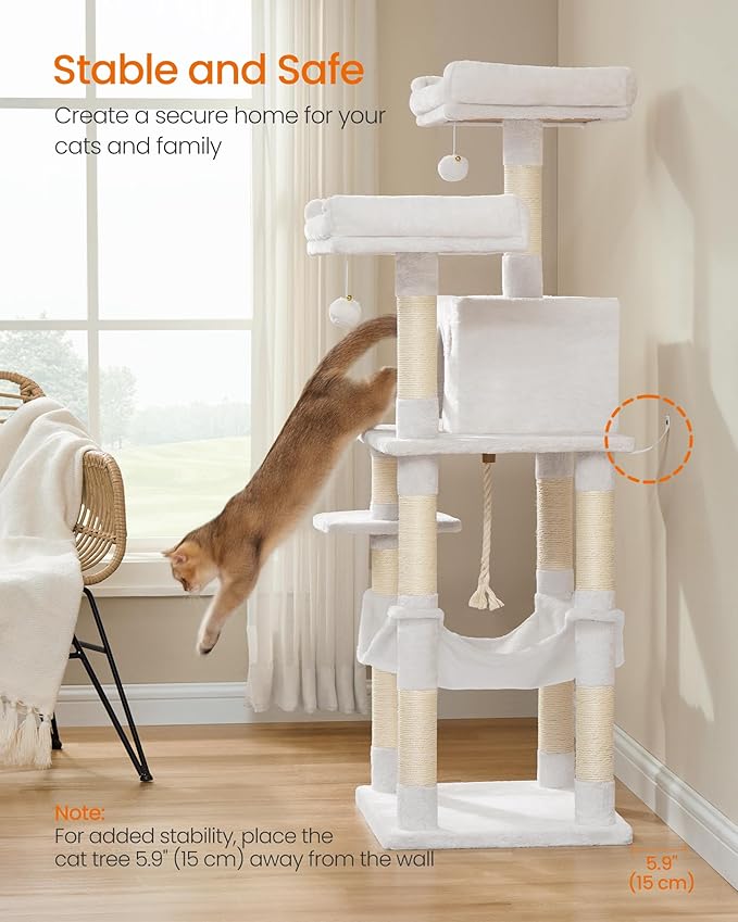 Feandrea Cat Tree, 56.3-Inch Cat Tower, Multi-Level Plush Condo with 11 Scratching Posts, 2 Perches, Hammock, Cave, Cream White UPCT015W02