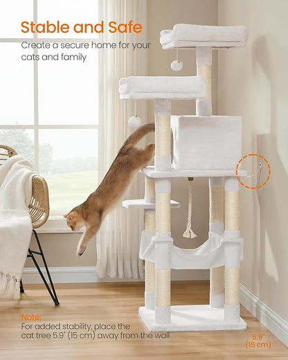 Feandrea Cat Tree, 56.3-Inch Cat Tower, Multi-Level Plush Condo with 11 Scratching Posts, 2 Perches, Hammock, Cave, Cream White UPCT015W02