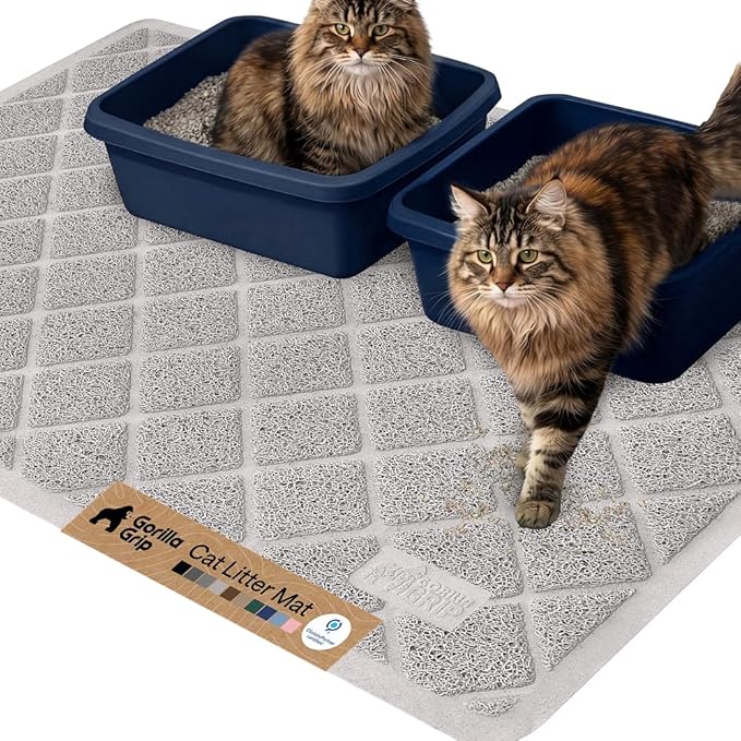 GORILLA GRIP Cat Litter Box Mat, 47x35, Cushioned Coil Mesh Litter Trapping Mats, Scatter Control Supplies for Less Mess, Phthalate Free, Ultra Deep Catch Grooves, Rinse or Vacuum to Clean, Light Gray