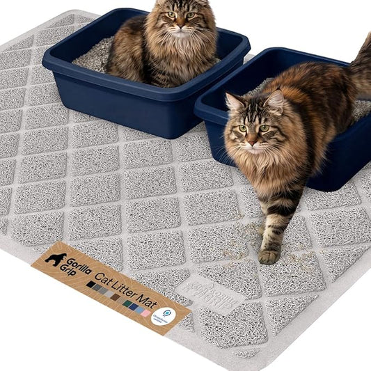 GORILLA GRIP Cat Litter Box Mat, 47x35, Cushioned Coil Mesh Litter Trapping Mats, Scatter Control Supplies for Less Mess, Phthalate Free, Ultra Deep Catch Grooves, Rinse or Vacuum to Clean, Light Gray