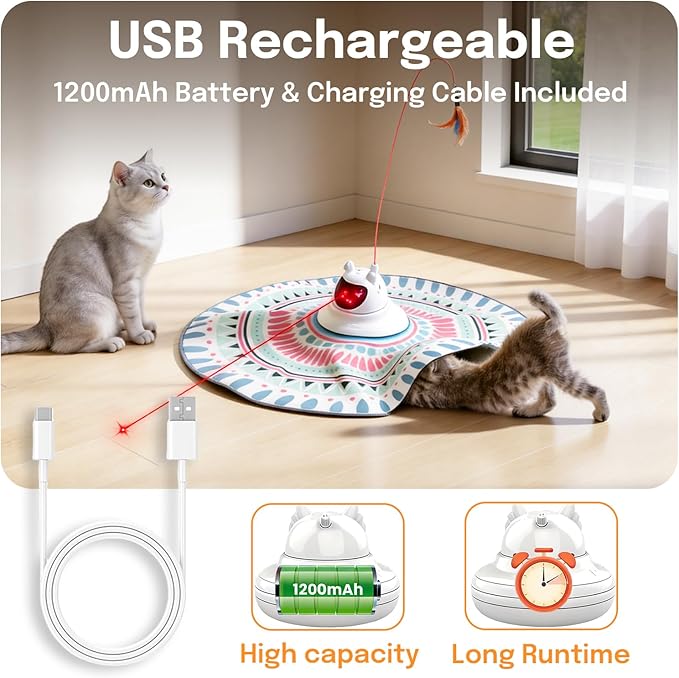 3 in 1 Automatic Interactive Cat Toy with Laser & Fluttering Feather, Rechargeable USB Laser Pointer Cat Toys for Indoor Cats, 360° Motion-Activated Hide and Seek Wand for Kittens & All Breeds