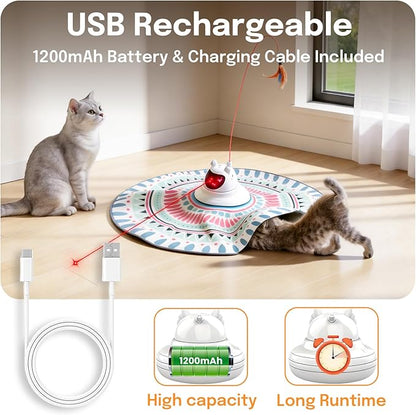 3 in 1 Automatic Interactive Cat Toy with Laser & Fluttering Feather, Rechargeable USB Laser Pointer Cat Toys for Indoor Cats, 360° Motion-Activated Hide and Seek Wand for Kittens & All Breeds