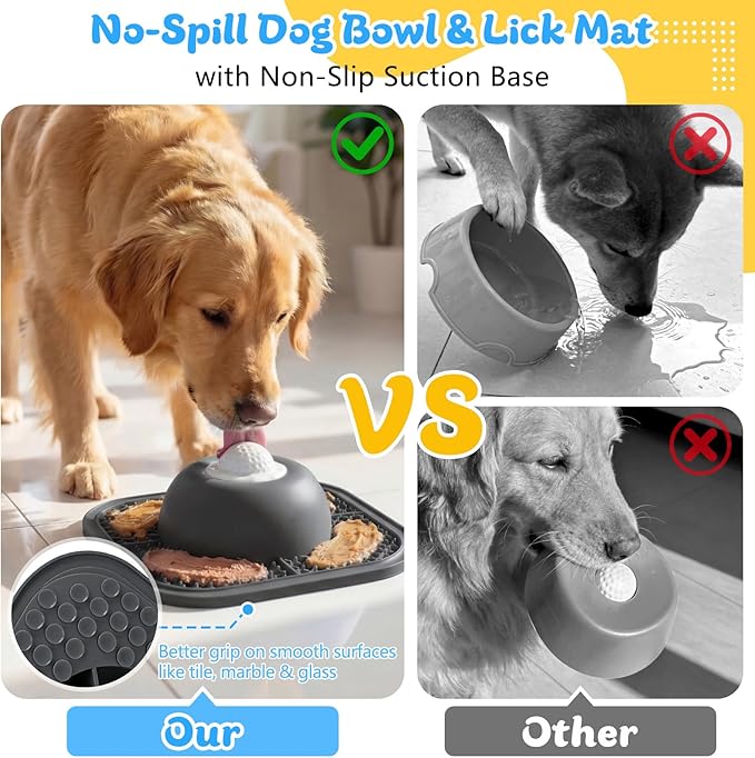 PetsHome Slow Feeder Dog Bowls & Lick Mat for Liquid and Thick Treat, Anti-Slip Dog Lick Bowl with Interactive Rolling Ball, 5/6 Cup Pup Licking Toy for Large Medium Small Dogs and Cats Gray