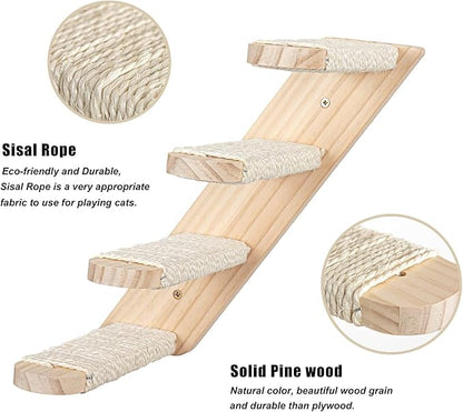 Yiotl Cat Hammock, Wall Mounted Cat Climbing Shelf, 4 Step Cat Stairway Furniture with Sisal Scratching for Sleeping, Playing, Lounging and Perching