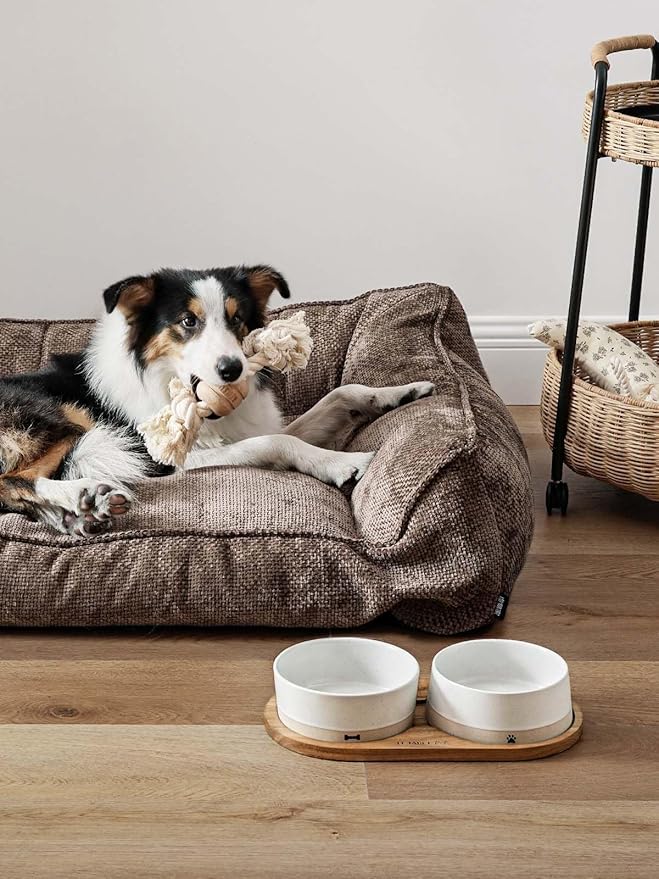 LE TAUCI PET Ceramic Dog Bowls for Medium Small Dogs - 3.2 Cup Medium Dog Food and Water Bowls with Acacia Wood Tray, Dual Food and Water Bowls with Weighted Non-Slip Base