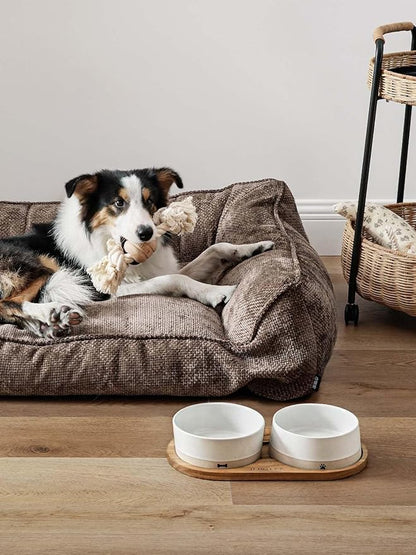 LE TAUCI PET Ceramic Dog Bowls for Medium Small Dogs - 3.2 Cup Medium Dog Food and Water Bowls with Acacia Wood Tray, Dual Food and Water Bowls with Weighted Non-Slip Base