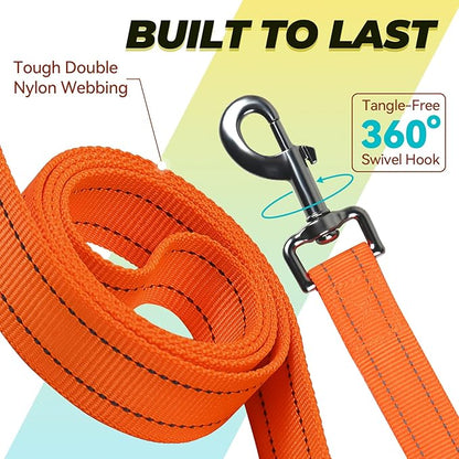 VIVAGLORY Dog Leash Twingrip Double Handle Dog Leash with Traffic Handle Control & 2 Loop for Walking & Training, Reflective Heavy Duty for Puppy Pet Collar, 5ft x 1in, Orange