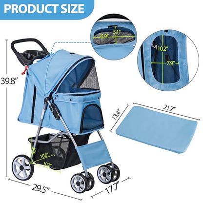 ZENY Foldable Pet Stroller, Cat/Dog Stroller with 4 Wheel, Pet Travel Carrier Strolling Cart with Storage Basket, Cup Holder (Blue)