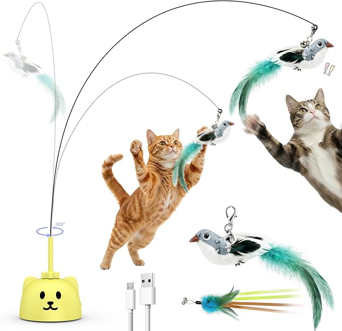 Interactive Cat Toys for Indoor Cats - Automatic Flying Bird Feather Toy, USB Rechargeable Electric Cat Teaser with Strong Sticky Base, Smart Motion Self-Play Toy for Bored Cats(Yellow)