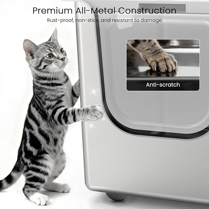 Stainless Steel Litter Box with Lid, Cat Litter Box with Door 14.5'' High Sides, XL Metal Kitty Litter Pan, Pet Toilet with Wheels for Easy Mobility, Anti-Leakage, Non-Sticky, Easy Clean
