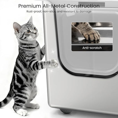 Stainless Steel Litter Box with Lid, Cat Litter Box with Door 14.5'' High Sides, XL Metal Kitty Litter Pan, Pet Toilet with Wheels for Easy Mobility, Anti-Leakage, Non-Sticky, Easy Clean