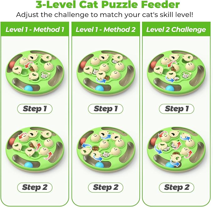 Cat Puzzle Toys Games Level 3 in 1 with Track Balls, Feather Teaser & Treat Feeder | Non-Slip Base | Mental Stimulation Enrichment for Indoor Cats | Kitty Gift, Green