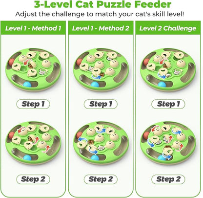 Cat Puzzle Toys Games Level 3 in 1 with Track Balls, Feather Teaser & Treat Feeder | Non-Slip Base | Mental Stimulation Enrichment for Indoor Cats | Kitty Gift, Green