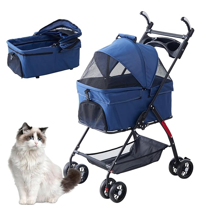 4 Wheels Blue Foldable Pet Stroller with Storage Basket, Cup Holder & Breathable Mesh for Small/Medium Dogs and Cats