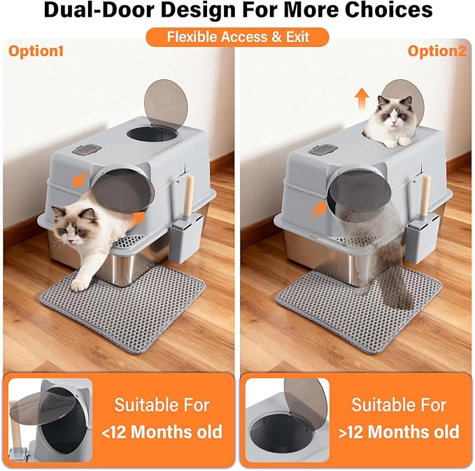 Stainless Steel Litter Box with Lid,Extra Large Enclosed cat Litter Box, Metal litterbox with Flip Top,Front and Top Entry,Anti-Leakage,Easy Cleaning,Includes Carbon Filters & Scoop & Mat