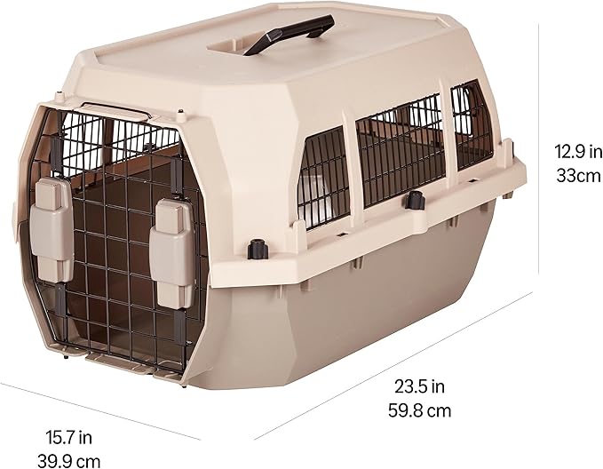 Amazon Basics Hard-Sided Dog and Cat Kennel, Single-Door Travel Pet Carrier with Metal Wire Ventilation, 23.6"L x 15.7"W x 13"H, Beige