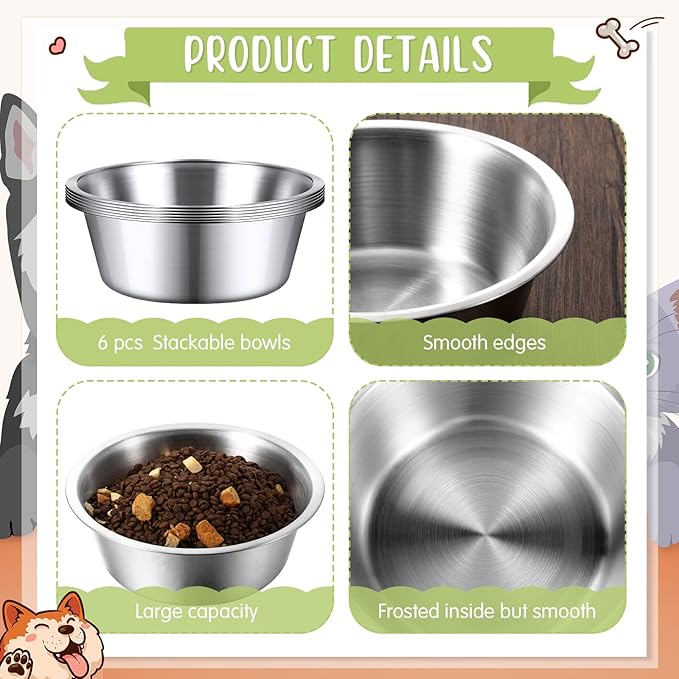 Yahenda 6 Pcs Stainless Steel Metal Dog Bowls Bulk Replacement Basic Thickened Pet Bowls for Small Medium Large Dogs, Dishwasher Safe(6.9 Inch)