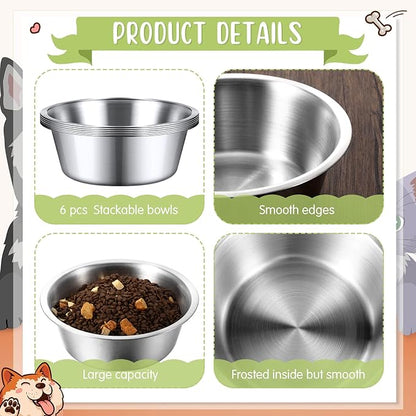 Yahenda 6 Pcs Stainless Steel Metal Dog Bowls Bulk Replacement Basic Thickened Pet Bowls for Small Medium Large Dogs, Dishwasher Safe(6.9 Inch)