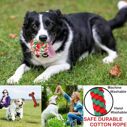 Christmas Dog Rope Toys 6 Pack - Pet Chew Toys Set for Aggressive Chewers Small Medium Dogs Puppy Large Breed Interactive Dog Ball Toys Training Playing Teeth Cleaning, for Xmas Party Indoor Outdoor
