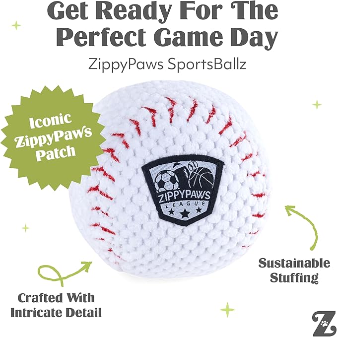 ZippyPaws SportsBallz - Dog Squeaky Toys to Keep Them Busy, Funny Plush for Small, Medium, & Large Dogs, Cute Stuffed Puppy Toy, Pet Products, Gift for All Breeds, Interactive Squeaker - Baseball