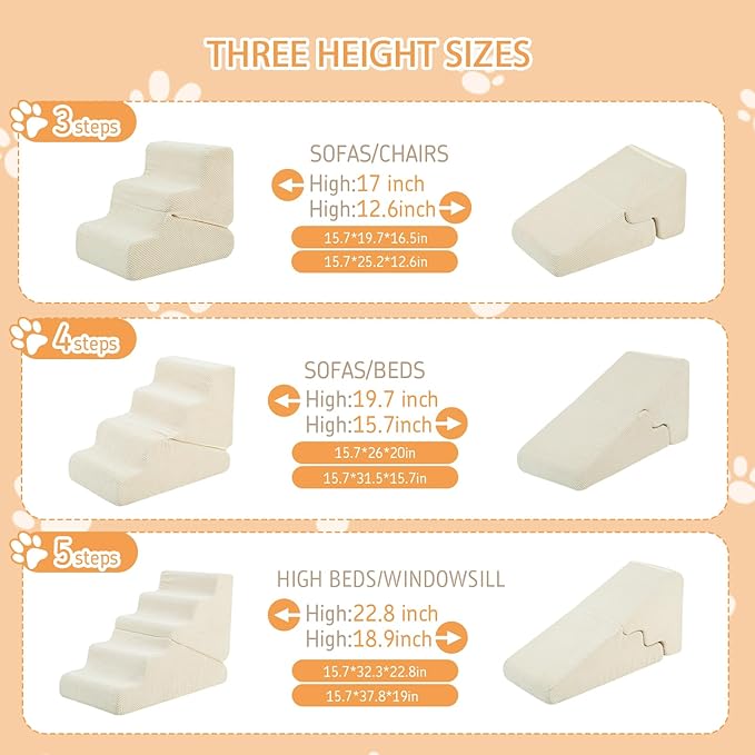 Dog Ramp for Bed, 23" H Dog Stairs for High Bed, 2 in 1 Pet Steps for Small Dogs, 5-Step Foldable Transformable Large Cats Ramp to Get on Couch, Non-Slip Balanced, Beige