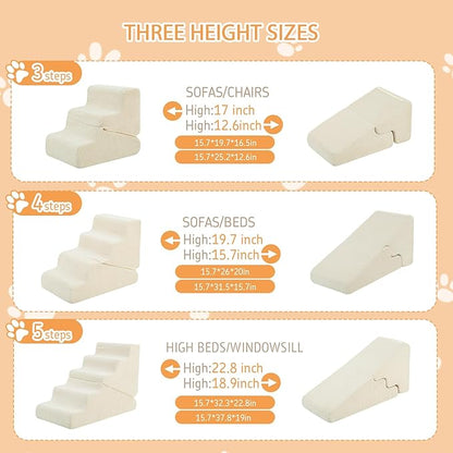 Dog Ramp for Bed, 23" H Dog Stairs for High Bed, 2 in 1 Pet Steps for Small Dogs, 5-Step Foldable Transformable Large Cats Ramp to Get on Couch, Non-Slip Balanced, Beige