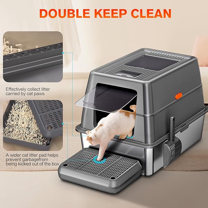 XXXL Stainless Steel Litter Box with Lid,28" L*20" W*18" H Extra Large Metal Cat Litter Boxs, Jumbo Enclosed Litter Box for Big Cats and Multi-Cat Households,Non-Sticky, Anti-Leakage, Easy to Clean