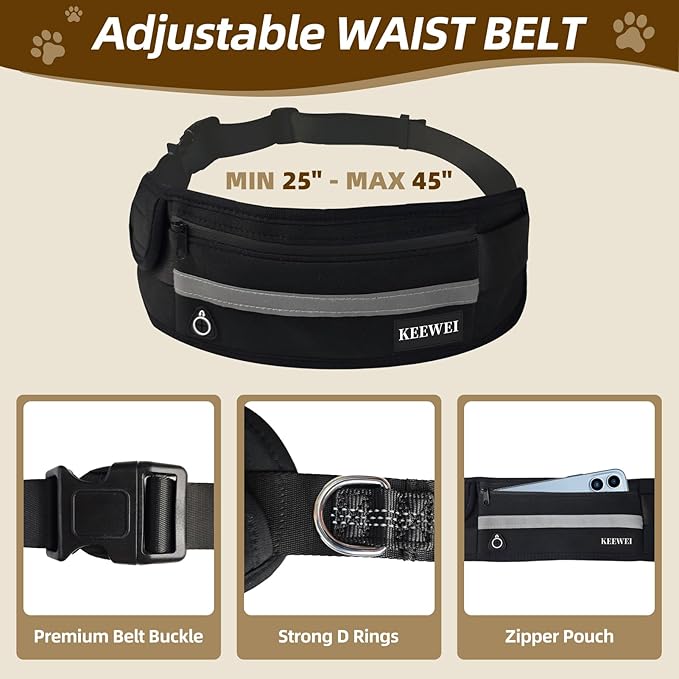 Hands Free Dog Leash with Zipper Pouch, Dual Handle Retractable Reflective Heavy Duty Bungee Leash for Small & Medium Dog Running Walking Jogging Training Hiking, Black