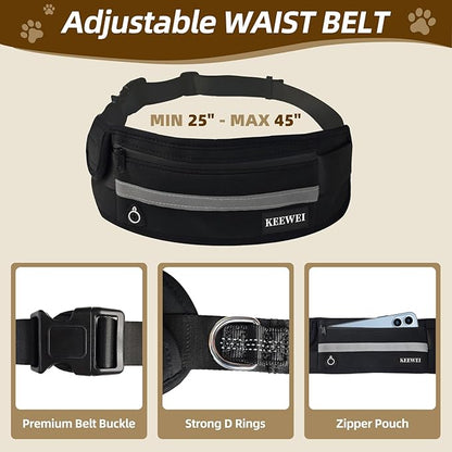Hands Free Dog Leash with Zipper Pouch, Dual Handle Retractable Reflective Heavy Duty Bungee Leash for Small & Medium Dog Running Walking Jogging Training Hiking, Black