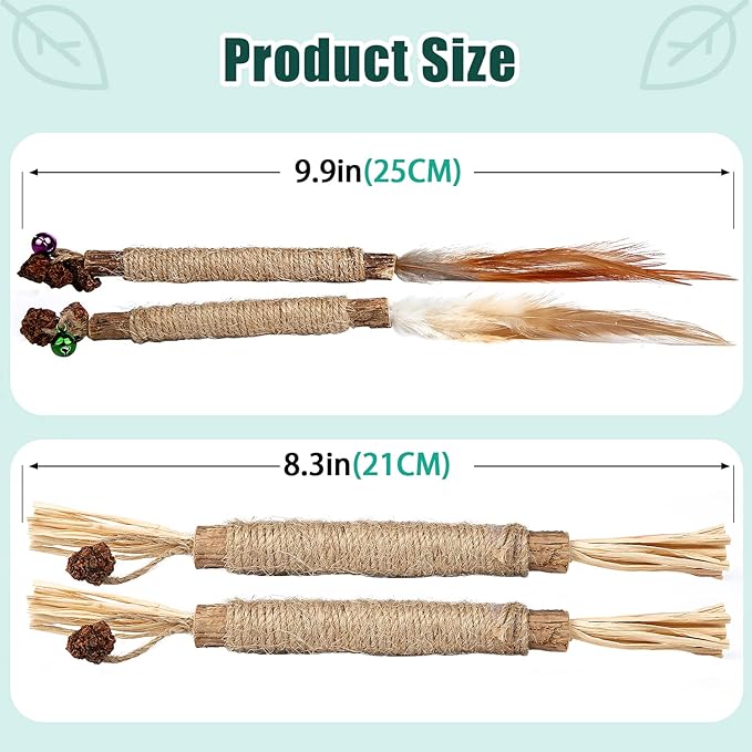 4pcs Kitten Chew Toys Teething, 2 Types Catnip Chew Toys for Cats Natural Silvervine Blend Sticks for Dental Care Treat with Raffia Feather Cat Teeth Cleaning Toy Indoor