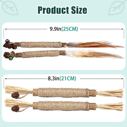 4pcs Kitten Chew Toys Teething, 2 Types Catnip Chew Toys for Cats Natural Silvervine Blend Sticks for Dental Care Treat with Raffia Feather Cat Teeth Cleaning Toy Indoor