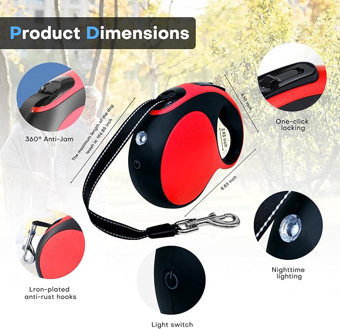 Retractable Dog Leash with chew-Proof Cord and LED Flashlight, 16-ft Heavy-Duty Dog Leash, Suitable for Small/Medium Dogs Weighing up to 110 pounds, Reflective Rope, 360° Anti-tangling.(Red+16Ft+LED)