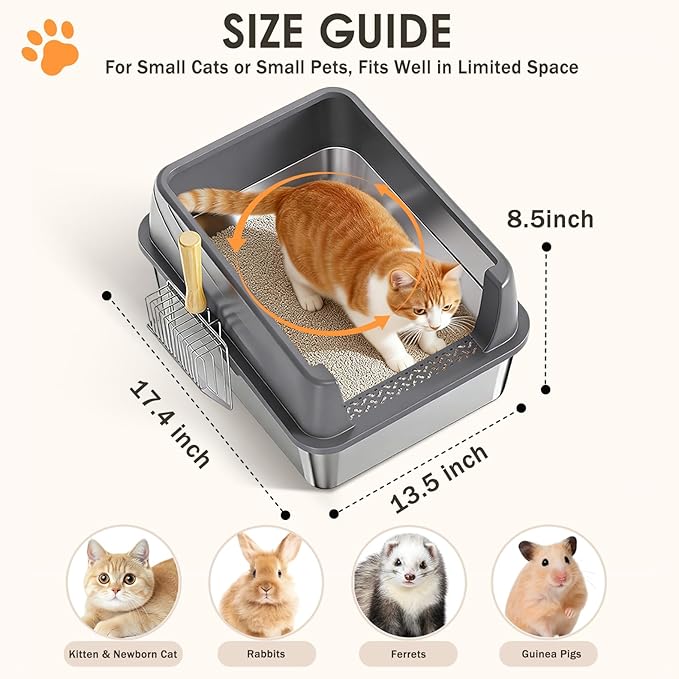 Stainless Steel Litter Box with Lid: Metal Cat Litter Box for Small Cats with Scoop, High Sided Kitty Litter Pan Tray, 17.4'' x 13.5'' x 8.5'', Non-Stick, Anti-Leakage, Easy Cleaning (Dark Gray)