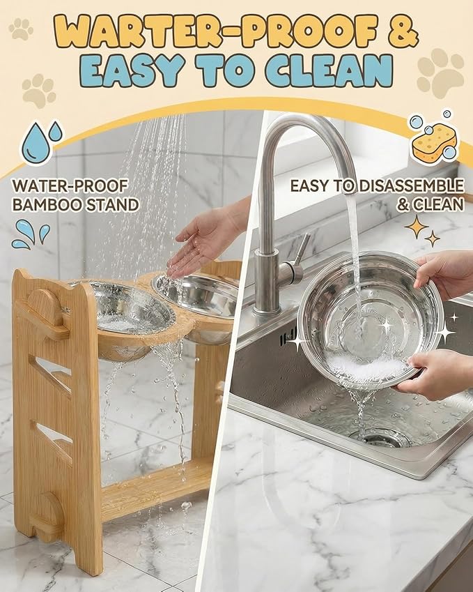 Elevated Dog Bowls, Adjustable Raised Dog Bowl Stand for Medium Large Size Dogs, 15°Tilted Elevated Dog Bowls, Durable Bamboo Dogs Feeder with 2 Stainless Steel Bowls and Non-Slip Feet