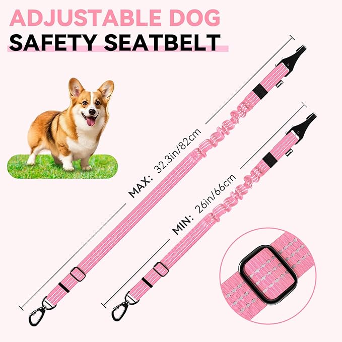 Pawaboo Dog Car Seat Belt– Reflective & Adjustable Dogs Cars Harness Leash with 360° Lockable Buckle, Shockproof Dogs Tether Bungee for Safe Travel, Pink